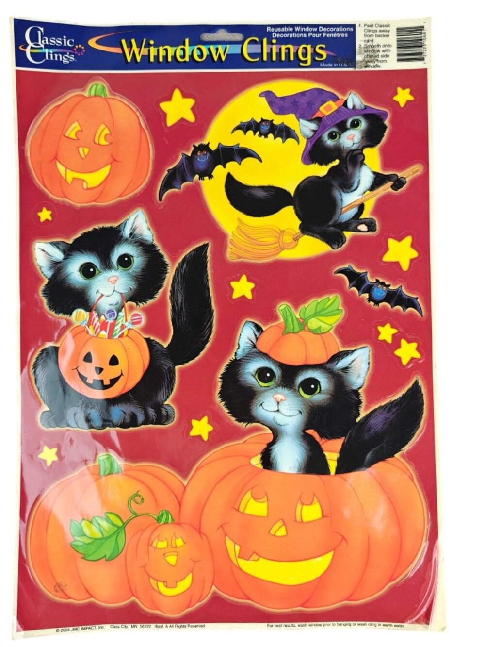 Classic Clings Halloween Cat Pumpkin Window Decorations 2004 Reusable Decals NOS